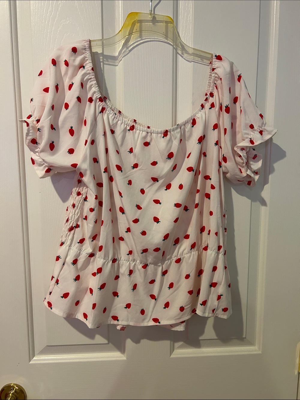 Shein curve Women's White Puff-Sleeve Peasant Top with Red Strawberry Print